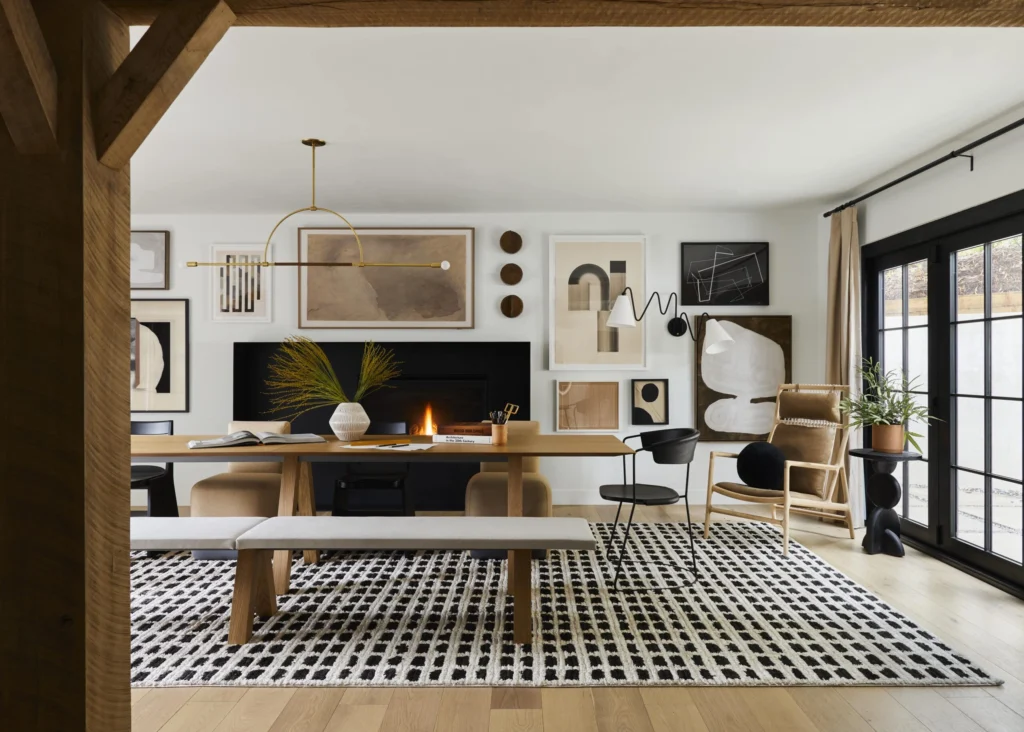 Bobby Berk office living room with fireplace
