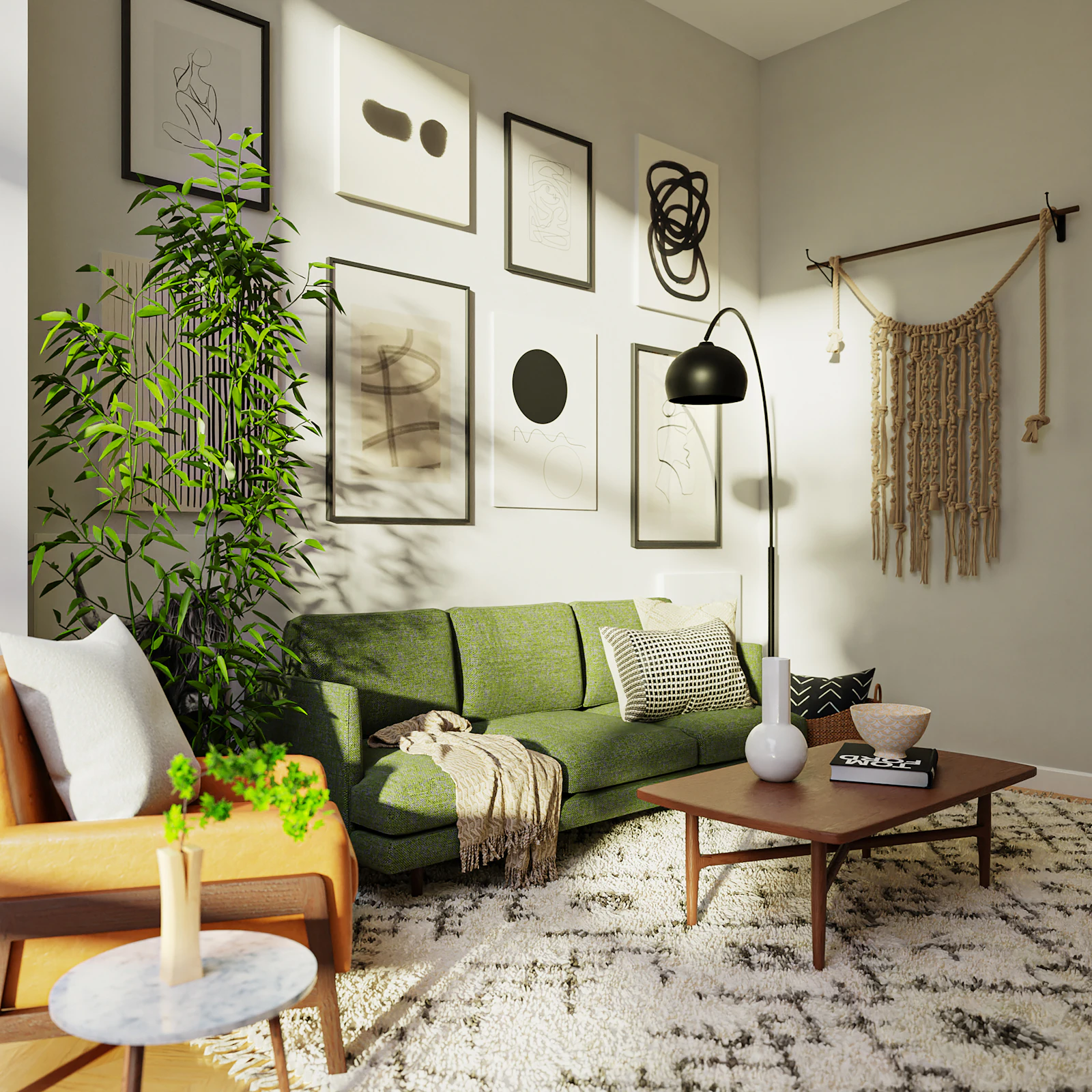 Small living room with a green couch, wooden coffee table, tall plant and framed wall art